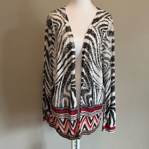 Chico’s Zebra Print Linen Blend Cardigan Red Geometric Border‎ Size 1 (Medium)